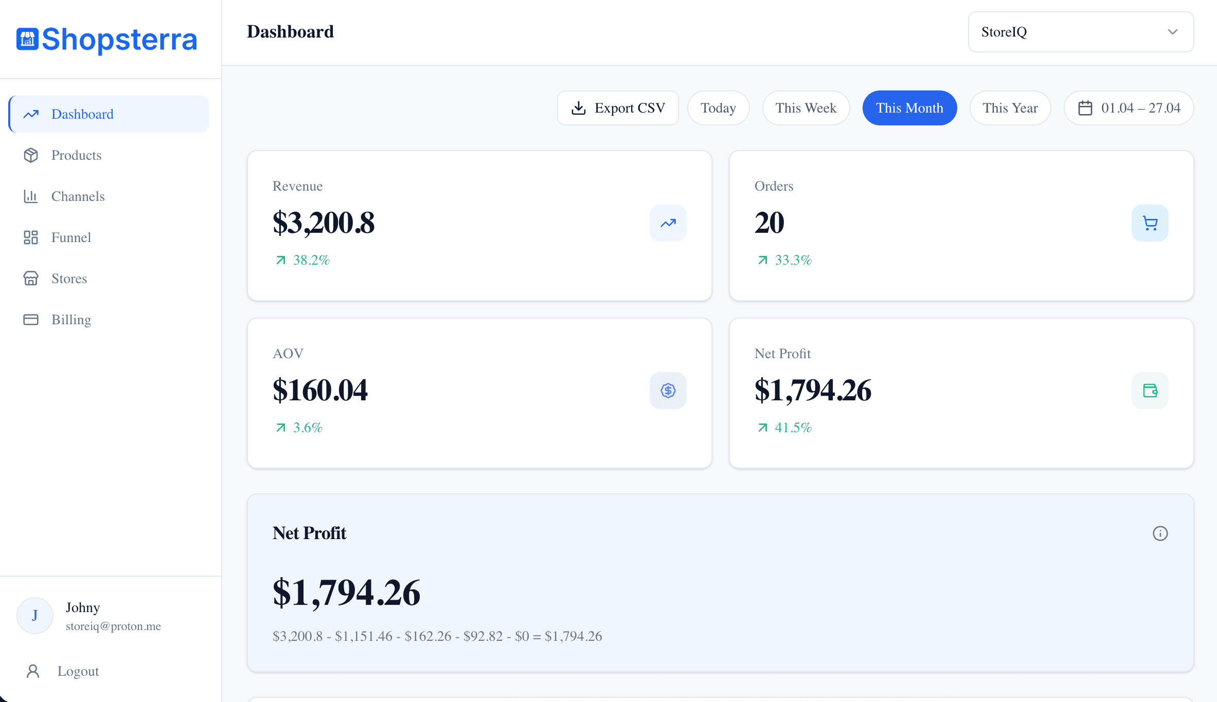 Shopsterra dashboard screenshot