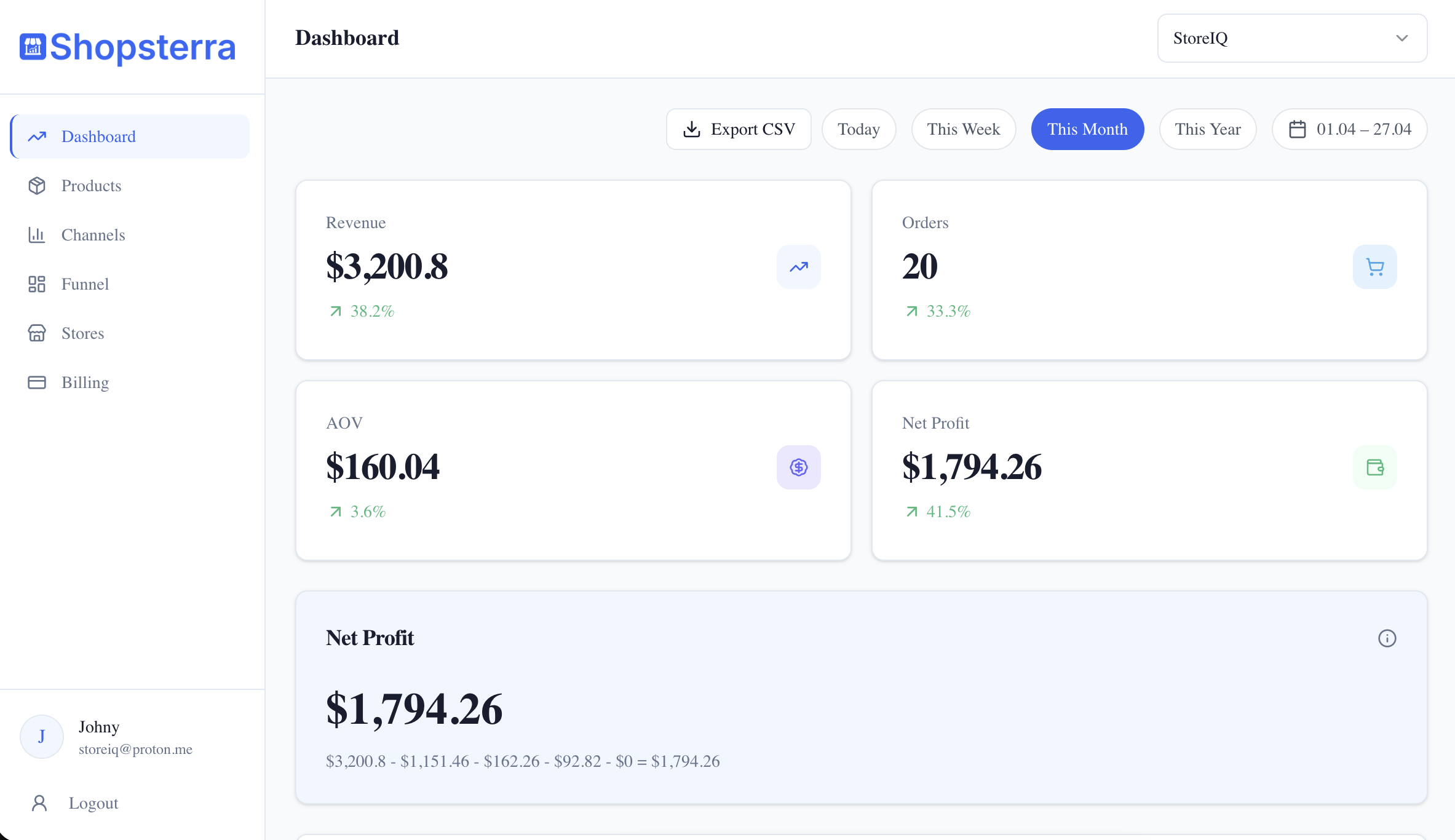 Shopsterra dashboard - true profit tracking